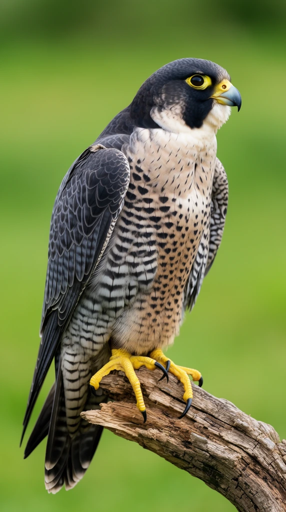 peregrine falcon perched upright on a weathered broken branch, facing right in profile, dark slate-grey head and back, creamy white chest with dark horizontal barring, bright yellow eye ring and cere, sharp hooked beak, yellow feet with black talons gripping textured brown wood, smooth blurred vibrant green background, shallow depth of field, high-resolution wildlife photography, sharp focus, soft natural daylight, detailed feather textures