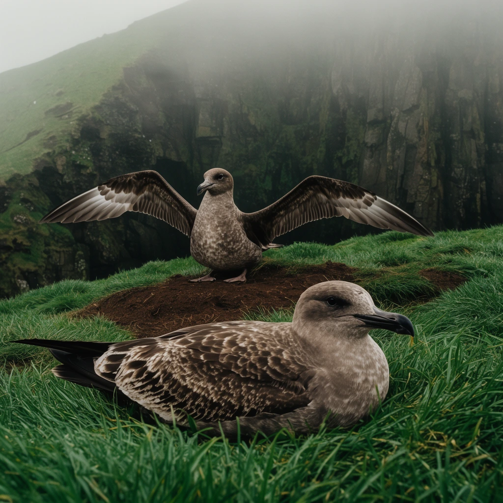 two large mottled brown seabirds on a lush grassy hillside, foreground bird resting in green grass, midground bird on a dirt mound with spread wings, steep rocky cliff shrouded in thick fog, cinematic nature photography, deep depth of field, earthy tones