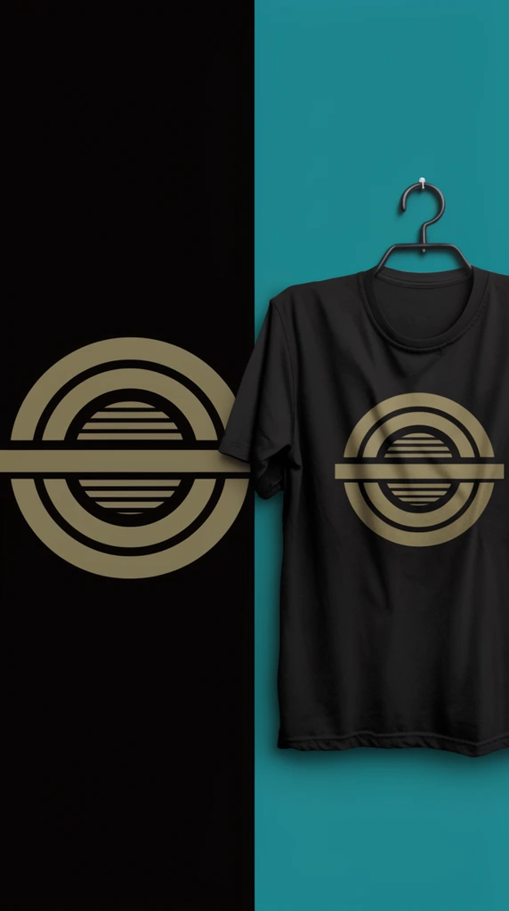 A split composition presenting a flat graphic alongside an apparel mockup. The left half features a solid black background displaying a muted-gold circular emblem with thick concentric rings, a horizontally-striped core, and a wide intersecting horizontal band. The right half has a vibrant teal background displaying a black short-sleeved t-shirt hanging from a dark plastic hanger. The garment features realistic fabric folds, soft studio lighting, and the identical golden emblem printed across its chest.