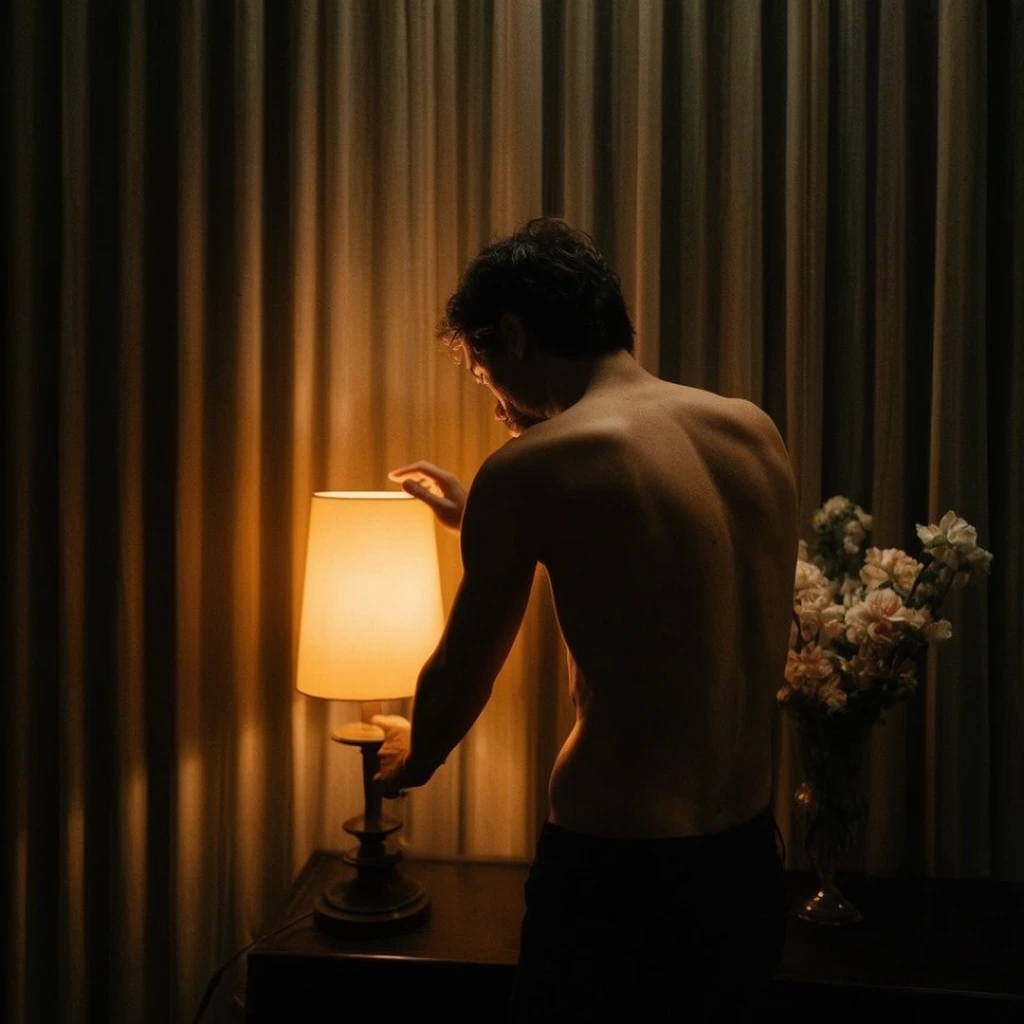 A shirtless man viewed from behind leans forward to touch a glowing table lamp in a dimly lit room. Warm amber light illuminates his back against deep shadows. A vase of pale flowers sits nearby against tall pleated curtains in this low-key cinematic composition.