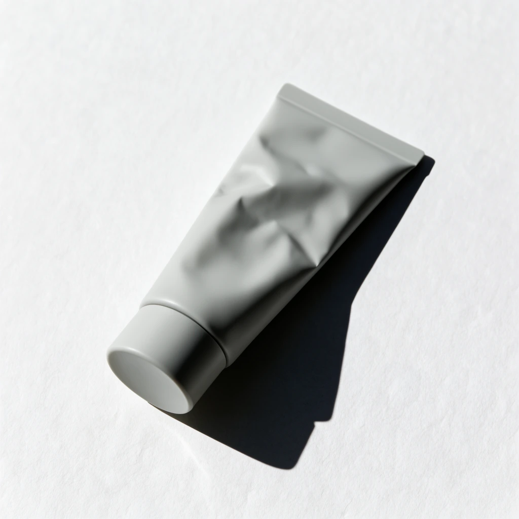 matte light gray squeeze tube, dented body, cylindrical cap, angled diagonally on textured white paper, hard directional light, sharp deep shadow, minimalist product photography