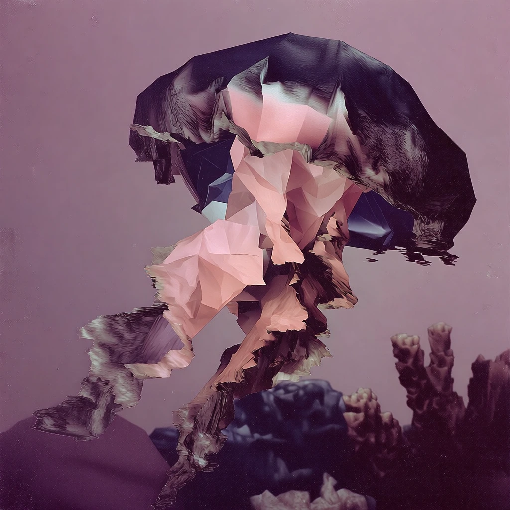 low-poly 3d digital glitch art, jagged geometric facets, distorted textures stretched over sharp polygonal edges, datamoshed aesthetic, sculptural digital artifacting, jellyfish with long trailing tentacles swimming above a coral reef, muted lavender background, deep navy and peach color palette, high contrast, tactile digital noise, sharp edges, surreal glitchy abstraction, professional studio lighting, 3d rendering, low-fidelity digital surrealism
