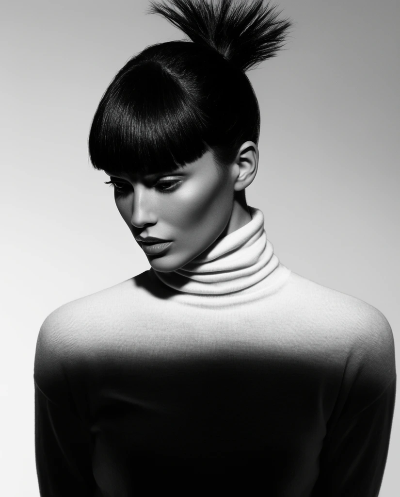 A stark black and white studio portrait of a woman gazing downward, styled with blunt bangs and a spiky topknot. She wears a light turtleneck sweater. Dramatic chiaroscuro lighting casts deep shadows across her torso, emphasizing her sharp facial contours against a smooth, light gray gradient background.