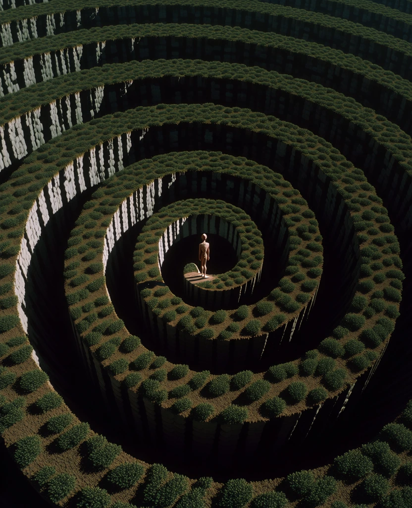 birds-eye view, high-contrast midday lighting, lone skeletal figure standing at the edge of an impossibly curling cliff that spirals inward in concentric geometric patterns, deep black shadows, earthy brown and mossy green textures, minimalist surrealist aesthetic, 70s kodachrome film style, sharp focus, graphic rhythmic composition, saturated tones, clean and clinical art direction.