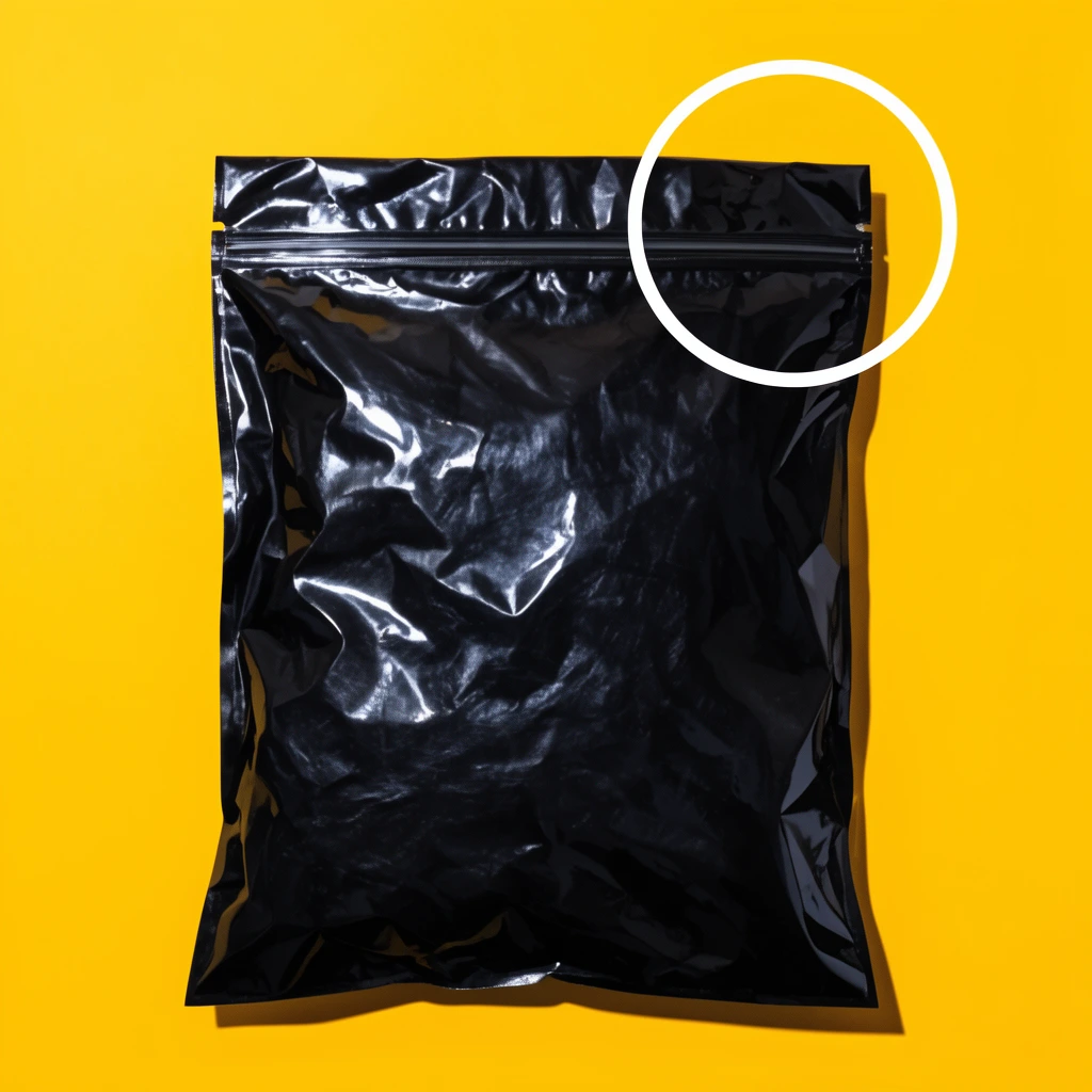 glossy black plastic mailer bag, wrinkled reflective surface, centered on vibrant yellow background, white circle overlapping top right, overhead studio light