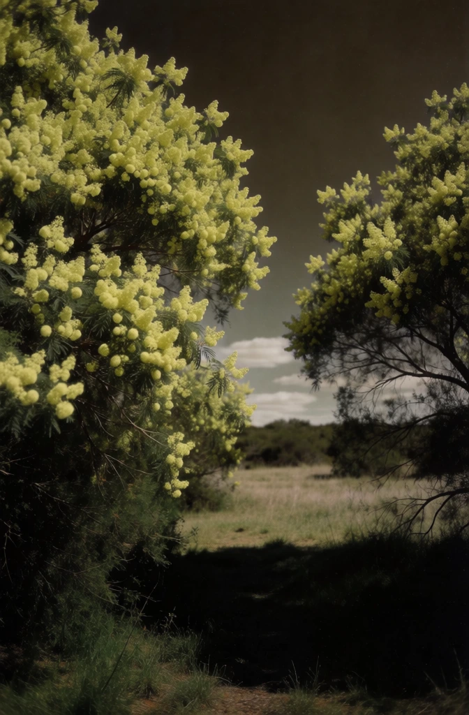 Two large trees with dense, pale yellow blossoms frame a view of a grassy field under a dark, overcast sky. The primary tree on the left side of the frame is heavily laden with clusters of small, round, chartreuse-colored flowers that cover nearly all its branches from the top edge down toward the shadowed base. On the right, a second tree of the same variety mirrors this framing, though its form is less dense and its branches are more clearly silhouetted against the dark sky. In the center, a gap between the two floral canopies reveals a sunlit middle ground consisting of a dry, grassy field that leads to a horizon of dark, indistinct shrubbery. Above this horizon, the sky is a heavy, dark gray-brown, with a small patch of lighter, cloud-filled sky visible in the center gap. The foreground is cast in deep shadow, creating a strong contrast with the brightly lit yellow blossoms. The photograph exhibits a soft-focus, painterly aesthetic with a muted yet high-contrast color palette, featuring deep blacks and greens punctuated by the vibrant pale yellow of the flowers. The texture throughout the image is slightly grainy, and the composition uses the foreground foliage as a natural frame to lead the eye toward the distant landscape.