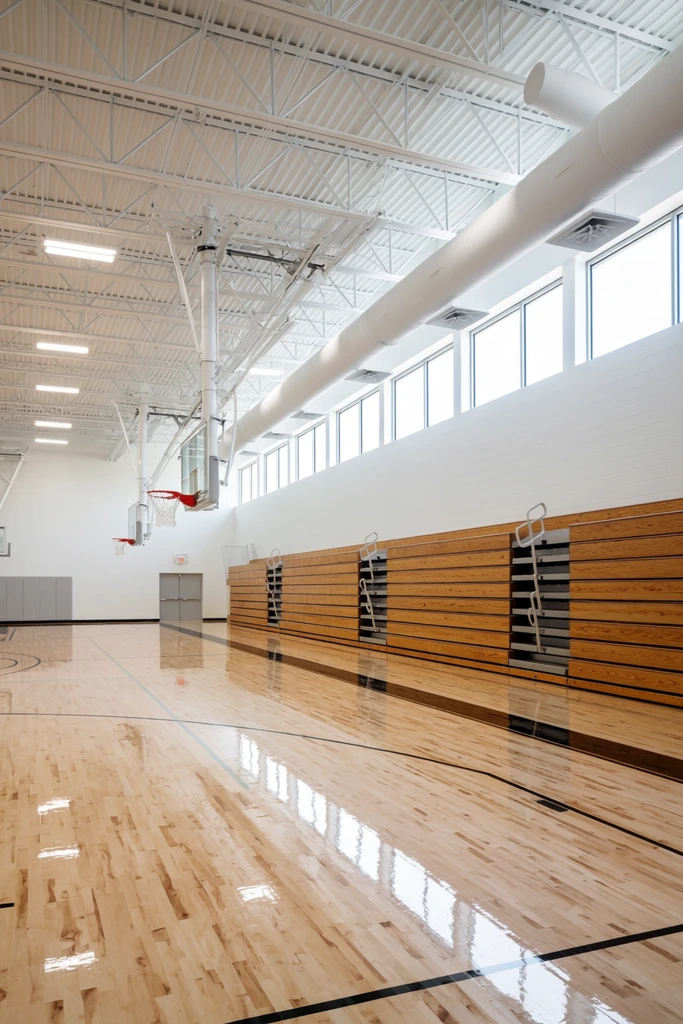A pristine modern gymnasium featuring highly polished light wood floors intersected by black court lines. Retractable timber bleachers with metal handrails line the right wall beneath bright clerestory windows. An exposed white ceiling displays intricate metal trusses, large cylindrical ducts, and retracted basketball hoops. Wide-angle architectural photography captures deep perspective, bright natural lighting, and a stark contrast between warm wood and crisp white geometry.