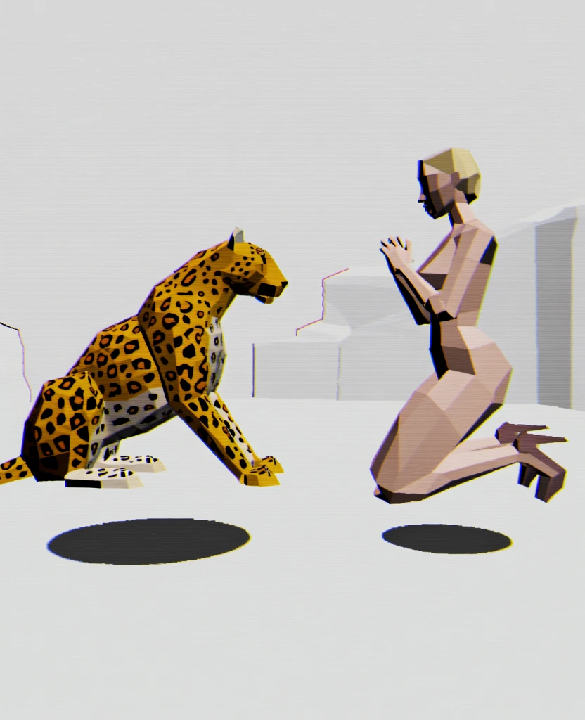 early 3d console aesthetic, low-poly character models, sitting leopard on left facing profile of kneeling woman in high heels on right, mutual gaze, jagged aliasing, pixelated texture mapping, flat ambient lighting, simple circular drop shadows, visible crt scanlines, moire interference, low-resolution 240p rendering, desaturated minimalist snowy environment, faceted geometry, crunchy dithering, retro gaming visual language.
