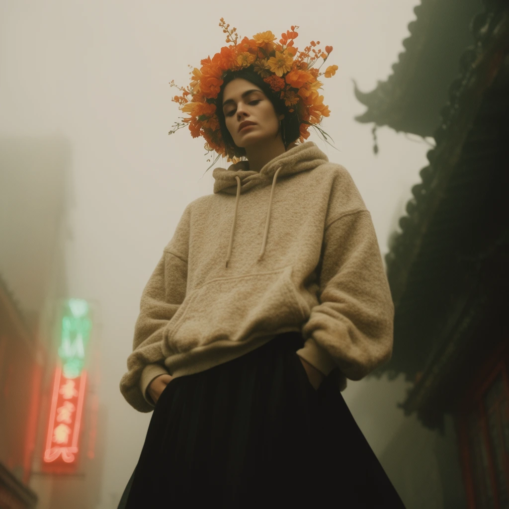 Low-angle cinematic portrait of a woman in heavy fog. She wears an elaborate orange and yellow floral crown, an oversized textured beige hoodie, and a flowing black skirt. Looking downward with hands in pockets, her posture is stoic. The misty background features a blurred red and green neon sign on the left and dark, curved traditional roof eaves on the right. Muted vintage color grading and soft, diffused atmospheric lighting.