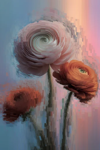 Digital Dissolution Glitch style reference image — muted pastel palette