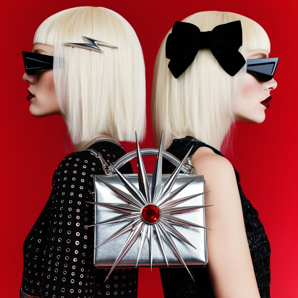 Two avant-garde fashion models stand back-to-back in profile against a vibrant crimson background, centering a rigid silver metallic handbag featuring sharp starburst spikes and a red jewel. Both wear identical platinum blonde wigs with blunt bangs and futuristic angular black sunglasses. The left figure wears a black top with silver perforations and a metallic lightning-bolt hair clip. The right figure features dark red lipstick, a large black velvet hair bow, and a textured black sleeveless top. Sharp editorial studio lighting enhances the high-contrast color blocking.