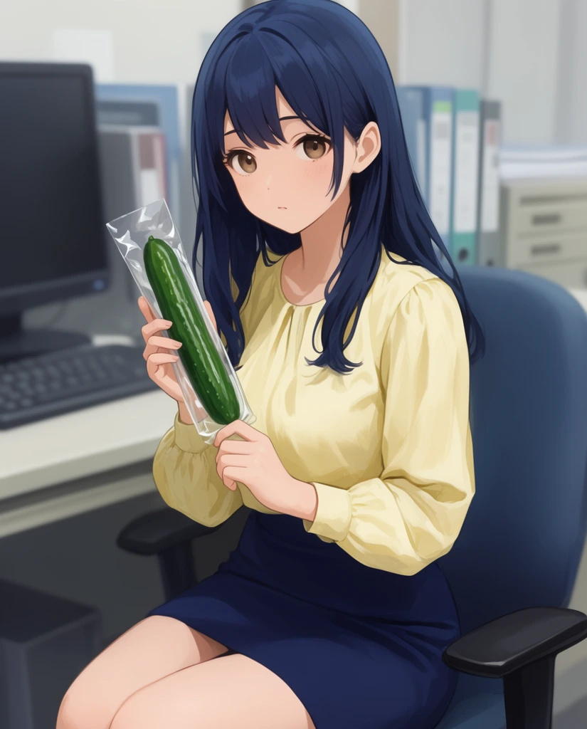 An anime-style illustration of a young woman seated in an office chair, holding a whole green cucumber inside a clear plastic wrapper. She has long dark blue hair, brown eyes, a pale yellow blouse, and a navy blue skirt. A shallow depth of field blurs the background desk, monitor, binders, and filing cabinet, emphasizing soft lighting and smooth digital rendering.
