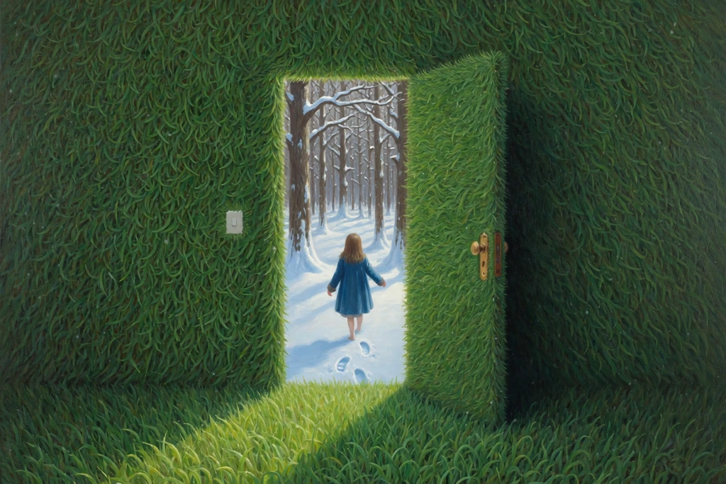 Surreal painting, wall of thick green grass, open doorway revealing a snowy winter forest, young girl in a blue coat stepping through the door, leaving footprints in snow, grass-covered door, sunbeam cast onto foreground grass, magical realism, storybook illustration