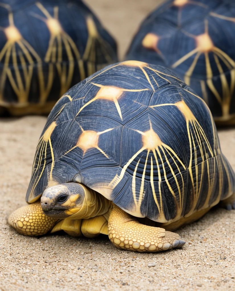 A radiated tortoise rests on grainy sand in sharp focus, its dark domed carapace featuring bright yellow radiating star patterns across textured scutes. The reptile has yellowish-tan scaly legs and a blunt head. Two similar tortoises sit blurred in the shallow depth of field background. Natural daylight highlights the geometric ridges of the shell and rugged skin.