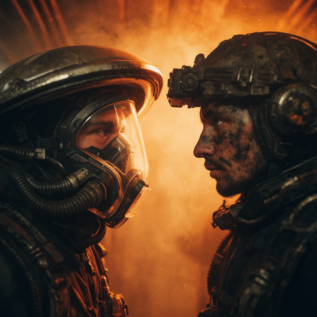 two futuristic scavengers in heavy dark exo-suits facing each other in a smoky amber-glowing tunnel, close-up profile shot, left figure wearing a clear full-face cyberpunk respirator mask with ribbed tubes and a wide metallic helmet, right figure with a soot-stained face and battered industrial headgear, intense warm amber backlighting, cinematic composition, gritty atmosphere, thick smoke, floating dust, rich filmic color grading, warm orange and dark brown palette