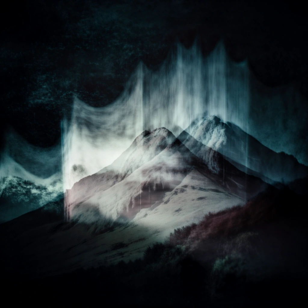 low-angle view of a hazy sloped mountain occupying the lower half, ghostly triple exposure layering with translucent shifting peaks, ethereal vertical motion blur trails blending into a vast dark sky, desaturated teal and charcoal color palette, high-contrast chiaroscuro lighting, cinematic film grain, haunting atmosphere, soft focus edges, painterly overlaps, cool moody tones, smoky textures, grainy cinematic aesthetic, moody and dreamlike composition