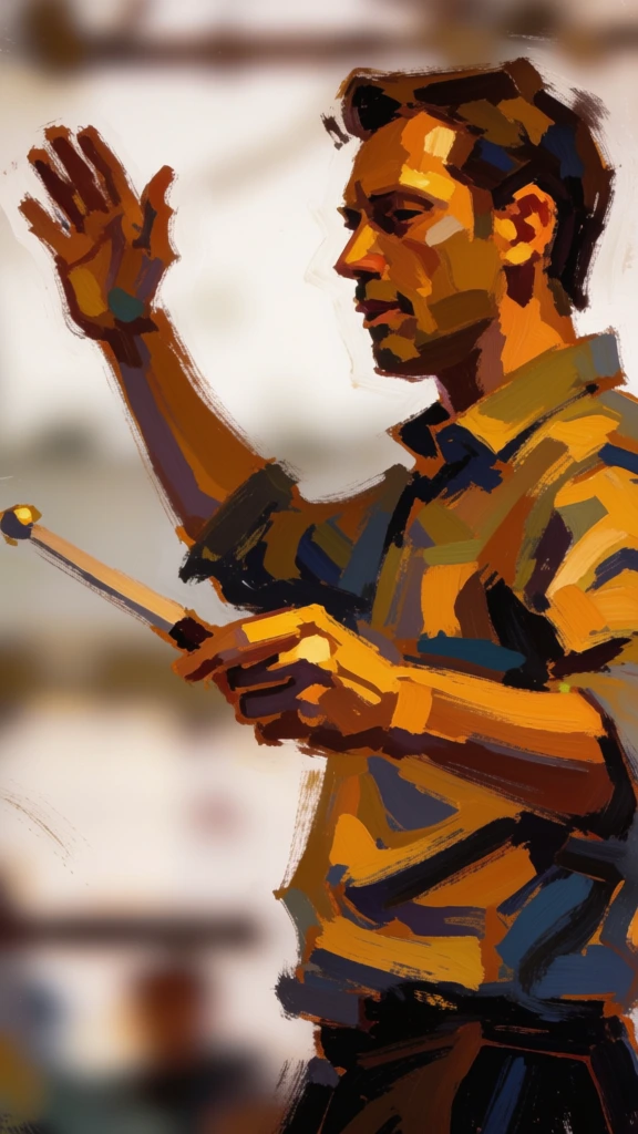 digital impasto painting, chunky expressive brushstrokes, centered man in profile facing left waist up, left arm raised open palm, right hand holding thin baton extending left, collared shirt, sharp directional lighting, faceted highlights and planar shadows, deep ochre and saturated warm skin tones, thick gestural strokes, extreme shallow depth of field, blurred neutral bokeh background, sharp focus on facial features and hands, rhythmic composition, visible painterly digital texture.