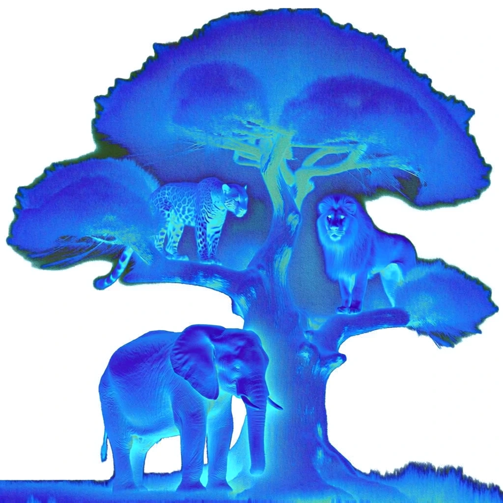 a central gnarled tree with an elephant at its base and a leopard and lion perched on branches, rendered in a high-contrast electric blue thermal imaging style, glowing cyan highlights and deep indigo shadows, grainy lo-fi digital texture with soft bloom, ethereal psychedelic aesthetic, isolated on a stark white background, surrealist cyber-glow, monochromatic blue heat map visualization, noisy atmospheric lighting, experimental photography style.