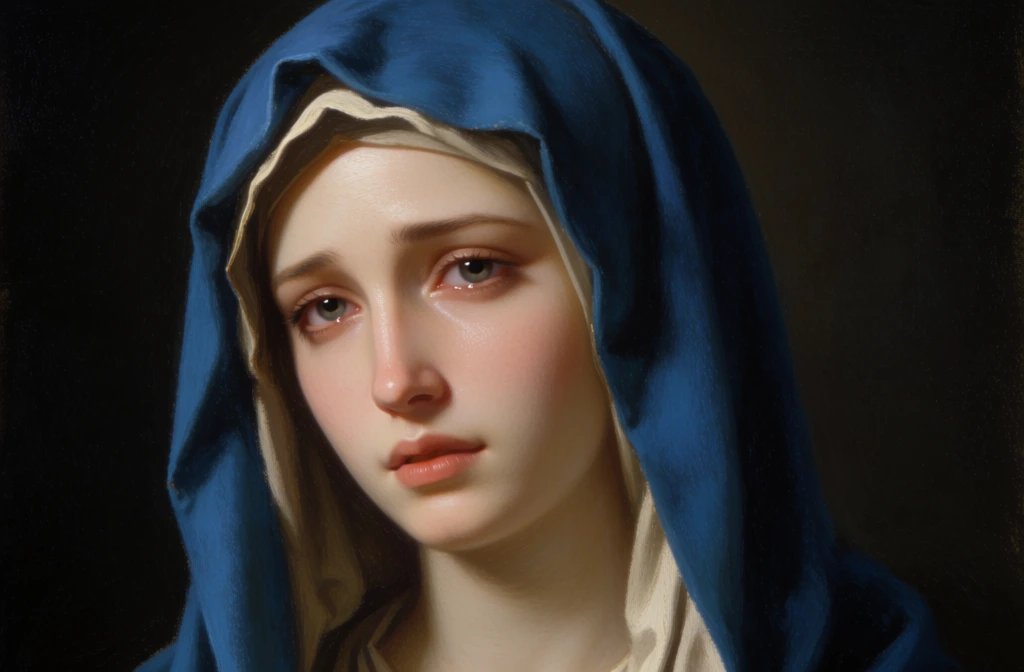 A close, intimate painted portrait shows a young woman with a serene, sorrowful expression, her pale face turned in three-quarter profile toward the left and wrapped in a deep blue hood against a nearly black background, evoking a devotional image of the Virgin Mary. digital painting, old master portrait homage, Renaissance-Baroque inspired, sacred iconography, realistic figurative portraiture, soft chiaroscuro, finely blended skin, visible brush-texture simulation, devotional, contemplative, tender, solemn, highly polished, moderately minimal composition, high detail in face and fabric folds, visually adjacent to Bouguereau, Sassoferrato, Carlo Dolci, Ingres, color palette of ultramarine blue, cream, ivory, peach, rose, warm beige, umber, black-brown, low-key background, luminous facial highlights, gentle contrast, soft directional light from upper left, no camera perspective cues, no photographic artifacts, no text, no border. The woman’s head occupies most of the frame, slightly right of center, with the forehead near the upper middle and the chin descending toward the lower center. Her gaze is lowered and directed leftward, not toward the viewer, giving a feeling of inward reflection. The outer hood is a saturated cobalt-to-ultramarine blue, beginning at the top center and draping down both sides of her face; its thick folds gather heavily along the right side of the image and continue into the lower right corner. A cream-colored inner lining traces the hood opening, visible along the upper left edge above her brow, down the right side of her face, and into the neckline at the bottom center. Her skin is smooth and luminous, with a soft glow on the forehead, bridge of the nose, cheekbones, and upper lip. Her eyebrows are light brown and delicately arched; her eyes are gray-green with moist highlights, framed by subtle lashes and faint reddish tones around the lids. Her nose is slender and straight, centered slightly left, and her lips are gently parted in muted coral pink. A faint blush warms her cheeks. The background is uniformly dark, almost black with warm brown undertones, empty of objects, making the face and blue drapery the only focal points.