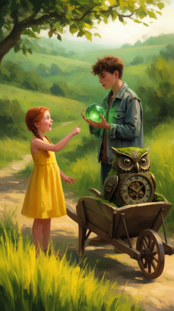 A young girl and a teenage boy stand engaged in conversation on a sun-dappled dirt path winding through a lush green countryside. The girl, featuring braided red hair and a bright yellow sundress, points animatedly toward the boy. The teenager, dressed in a weathered denim jacket, carefully holds a luminescent green glass orb that casts a soft glow on his hands. Beside them sits a rustic wooden wheelbarrow carrying an oversized, moss-covered antique bronze clockwork owl. The scene is framed by tall, bright yellow-green grass in the foreground and a leafy tree branch arching from above. Rolling emerald hills fade into a bright, hazy atmospheric distance. The scene is rendered in a rich, painterly digital illustration style with thick, textured brushstrokes, capturing the warmth of a sunlit summer afternoon.