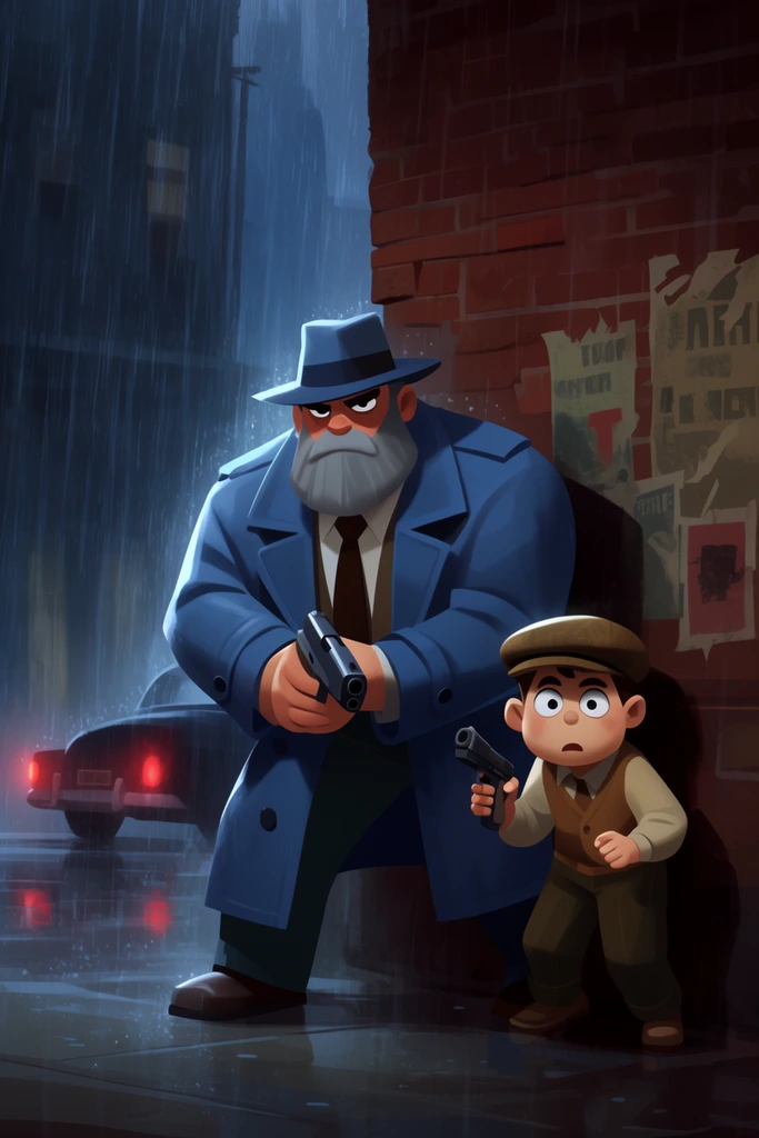 A stylized illustration of a massive, grey-bearded man in a blue trench coat and fedora gripping a handgun while taking cover against a brick wall in heavy rain. Beside him, a wide-eyed boy in a newsboy cap holds a smaller pistol. The moody noir scene features tattered posters and a distant dark car with glowing red taillights on a wet city street.