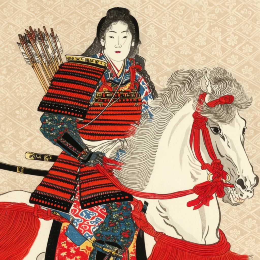 Traditional Japanese woodblock print of a female warrior in vibrant red and black lamellar armor riding a white horse. She carries a quiver of arrows on her back. The horse features a stylized, flowing mane and complex red braided harnesses. Bold black linework and flat colors define the intricately patterned textiles against a flat beige background containing a repeating geometric floral motif.