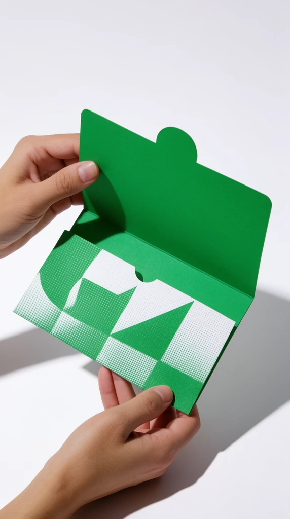 Two hands holding an open bright kelly green cardboard folder with a rounded top tab, minimalist white background, left hand pulling back the upper flap, right hand supporting the bottom edge, inner pocket revealing a bold white and green geometric halftone graphic, smooth matte paper texture, harsh direct studio lighting, stark diagonal drop shadow cast on the pristine white surface, clean minimalist composition, product photography, high contrast, sharp focus