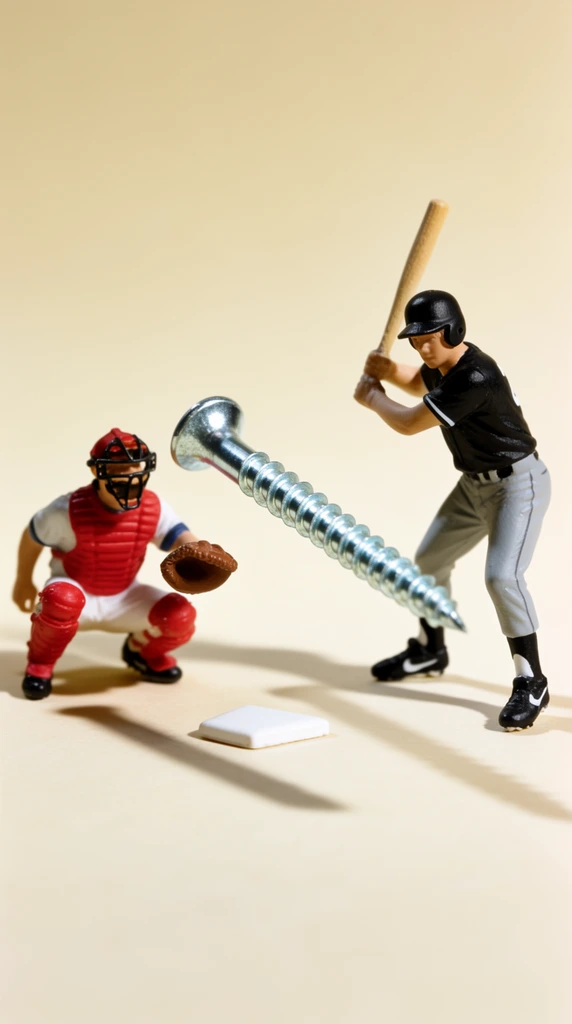 A macro photograph of miniature baseball figurines interacting with a life-sized metal wood screw suspended mid-air like a pitched ball. A batter figurine in a black jersey, grey pants, and black helmet stands ready to swing a tiny wooden bat. Beside him, a catcher in a red chest protector, face mask, and shin guards squats behind a miniature white home plate with a brown mitt extended. A shiny, threaded silver screw flies horizontally across the strike zone between them. The scene is set against a seamless cream-colored backdrop and floor. Bright studio lighting casts crisp, elongated shadows from the figures and the screw onto the smooth surface, highlighting the playful, surreal juxtaposition of scale between the tiny athletes and the disproportionately oversized hardware object.