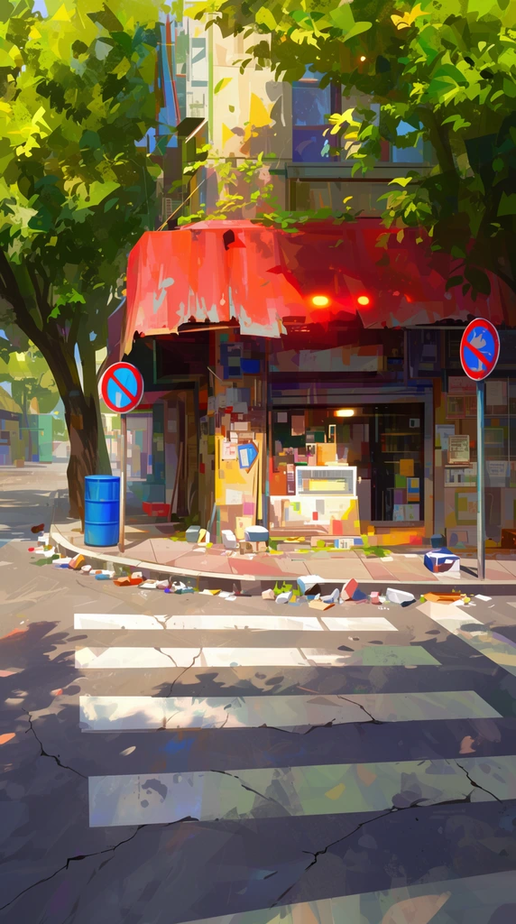 sunlit urban street corner, stylized digital concept art, cluttered storefront with weathered red awning, lush trees casting dappled shadows on cracked asphalt crosswalk, scattered curb debris, blue cylinder, circular signs, impressionistic brushstrokes, saturated colors, glowing light