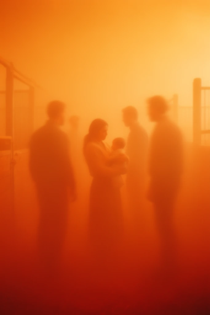 A woman cradling a baby and several men stand inside a stable, their forms rendered as soft-edged, blurred silhouettes engulfed in an overwhelmingly dense, monochromatic orange volumetric fog. The central shape of the woman and infant is surrounded by the taller, hazy postures of the men, all appearing as solid, dark amber shadow masses. Faint, diffuse structural outlines of stable posts and wooden beams merge into the intensely thick atmospheric background mist. A intense fiery orange and glowing amber color palette saturates the entire composition. Radiant, high-key yellow-orange luminance permeates the upper atmosphere, transitioning smoothly downward into a deeply saturated burnt sienna and heavy red gradient at the base. Extreme atmospheric diffusion softens every contour, flattening the depth of field and creating a cinematic, highly minimalist, soft-focus aesthetic entirely defined by the heavy opacity of the vibrantly glowing haze.