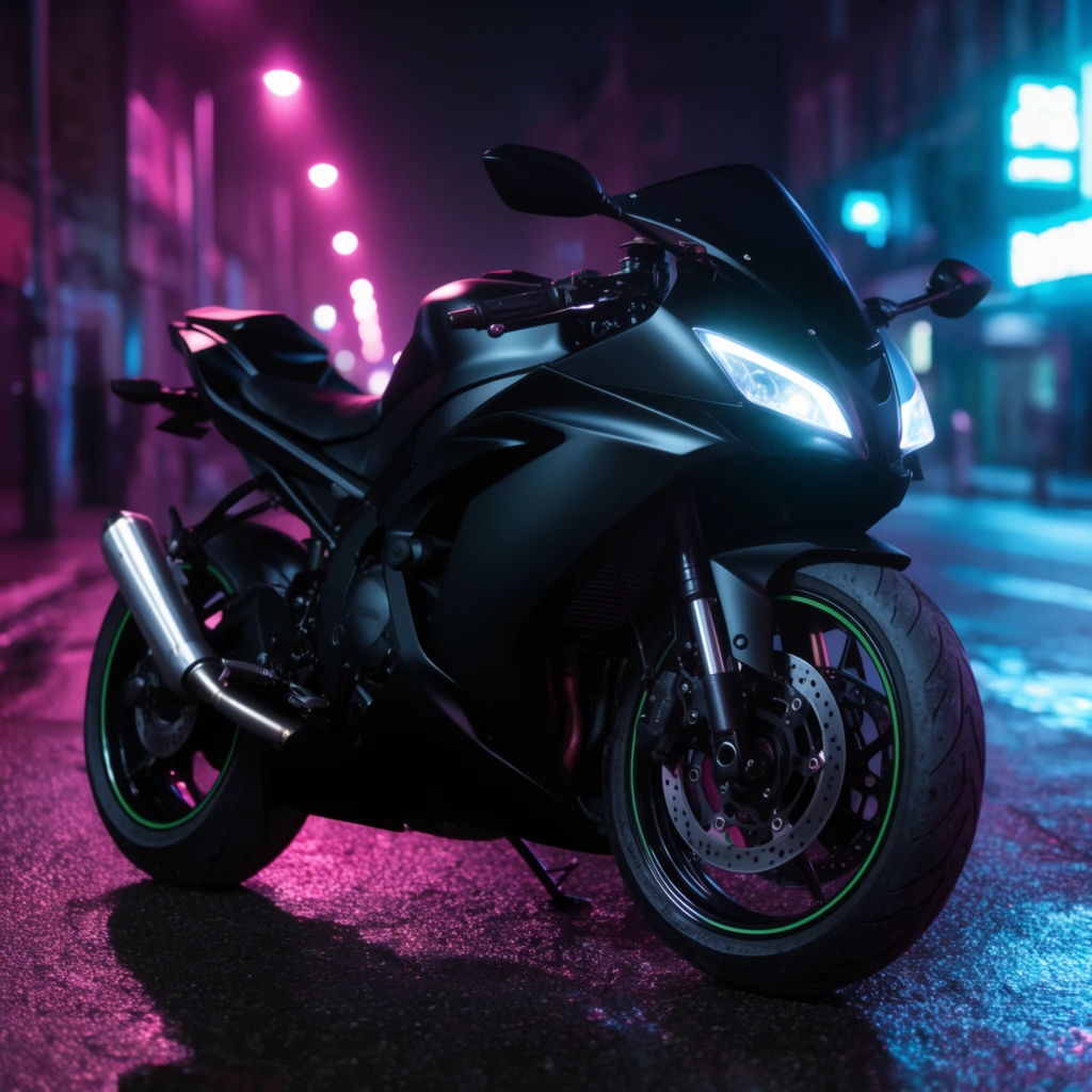 A matte black sport motorcycle parked on a wet city street at night under neon lights. The bike features sleek aerodynamic fairings, a silver exhaust pipe, glowing white LED headlights, and black tires accented with thin green rim tape. It rests on its kickstand on dark asphalt reflecting pink and blue ambient light. The background is softly blurred, displaying glowing magenta streetlamps and distant cyan neon signs. Cinematic lighting creates a high-contrast cyberpunk aesthetic with sharp foreground focus and a shallow depth of field.
