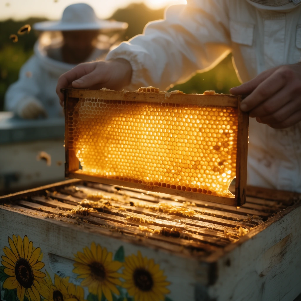 glowing golden honeycomb frame held by hands in a white protective suit, sunlight illuminating translucent wax cells, wooden beehive box with painted sunflowers, out of focus beekeeper in background, cinematic golden hour lighting, warm backlight, shallow depth of field, rich amber tones