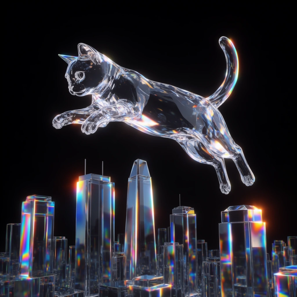 A transparent, crystalline cat leaps over a glass city skyline, suspended in an infinite pitch-black void. The feline arches mid-leap above geometric skyscrapers, with all elements rendered in clear, highly refractive 3D materials. Stark edge lighting and extreme chromatic aberration produce intense prismatic flares—cyan, magenta, orange, and yellow—along the sharp architectural edges and smooth animal contours. Glowing internal reflections and luminous caustics define the transparent volumes against the dark, minimalist background.