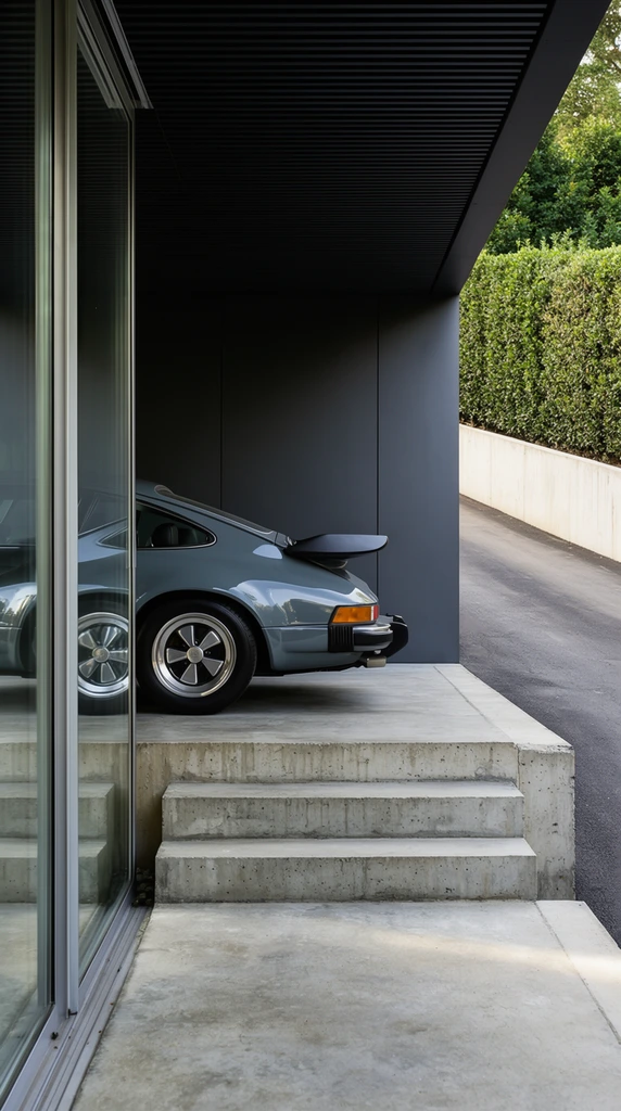 A vintage slate-gray sports car with a prominent rear spoiler rests on a raw concrete platform within a striking modernist structure. Floor-to-ceiling glass doors in the immediate foreground frame the scene, reflecting the vehicle's polished rear wheel. The geometric architecture features matte dark-gray wall panels, a slatted black ceiling overhang, and brutalist concrete steps. To the right, a paved driveway slopes upward alongside a pale retaining wall and dense green hedges. Photographed with a precise linear composition, deep shadows, and crisp natural daylight.