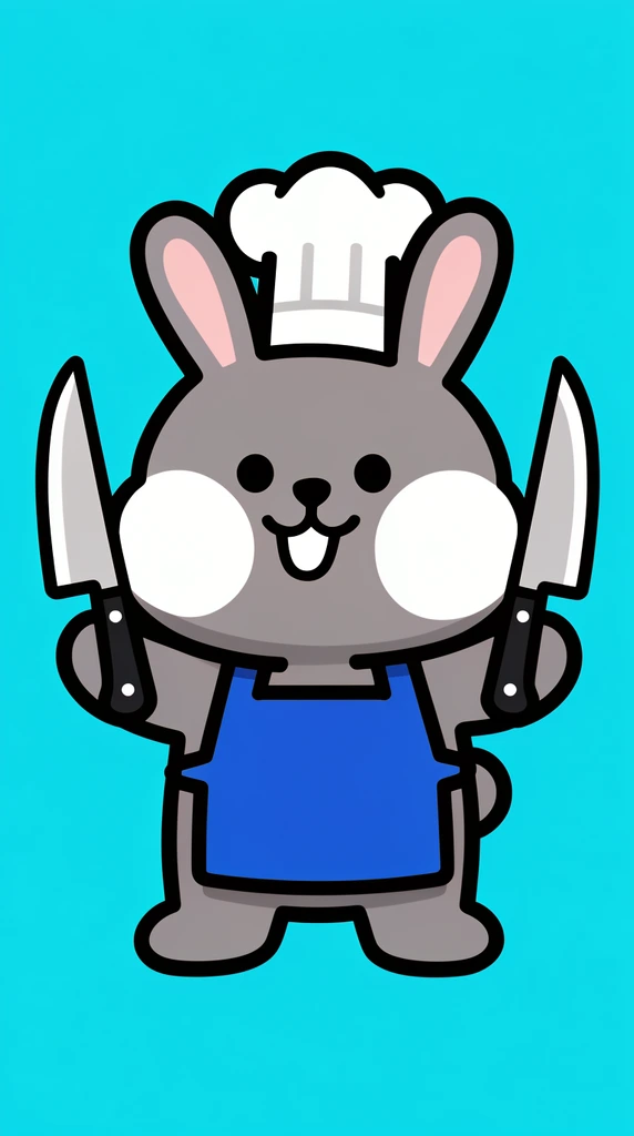 A smiling grey cartoon rabbit mascot with puffy white cheeks wears a white chef hat and blue apron, holding two large knives upright. Thick black outlines define the vector art on a cyan background.