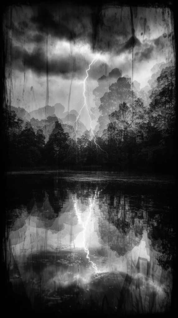 A dense forest situated across a dark lake, illuminated by a jagged lightning bolt striking from heavy clouds above, with the brilliant flash reflecting clearly in the water below. The scene is rendered in a stark, high-contrast monochrome multiple-exposure style, featuring ghostly, overlapping translucent layers that visually fracture the sky, trees, and water. Distressed, raw textures dominate the image plane, heavily layered with vertical scratches, smeared ink-like streaks, and rough film grain. Extreme chiaroscuro lighting forces the lightning strike and its mirrored reflection into blown-out whites, juxtaposed against deep, impenetrable inky blacks within the forest silhouette and churning storm clouds. A thick, irregular dark vignette bleeds inward from the edges of the frame, constraining the composition and amplifying the moody, ethereal, and heavily degraded aesthetic of the atmospheric digital collage.
