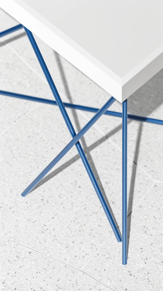 white geometric platform, thin intersecting blue metal tubular legs casting sharp shadows, speckled light grey terrazzo tile floor, minimalist industrial design, high angle close-up