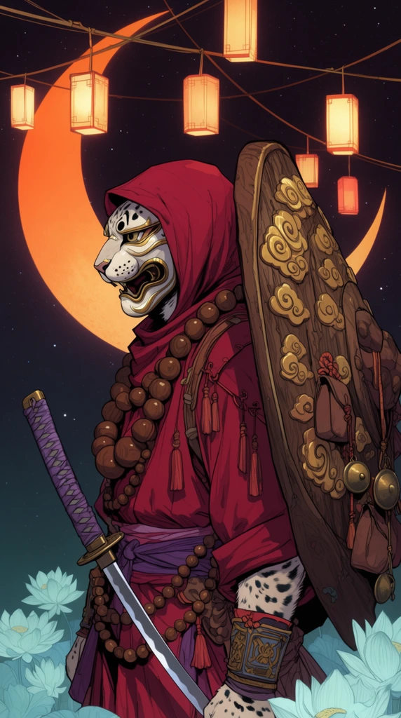 A humanoid snow leopard warrior stands in profile facing left against a dark, starry night sky and a massive glowing orange crescent moon. The figure wears a crimson cloth hood and a porcelain kabuki mask with golden accents. A massive, heavily carved wooden shield rests on their back, decorated with golden swirling cloud motifs, dangling leather pouches, and small brass cymbals. They are outfitted in layered crimson garments draped with thick wooden prayer beads. A curved dao sword with a purple wrapped hilt is tucked into a violet waist sash above ornate bracers. Glowing rectangular paper lanterns hang from intersecting strings in the upper background, while pale cyan stylized lotus flowers bloom along the bottom edge. The vibrant graphic novel illustration features crisp black linework, precise cel shading, and rich contrasting colors.