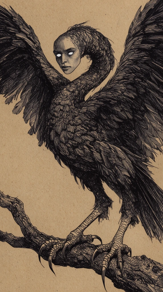 macabre harpy perched on a gnarled branch, human face with white eyes, long curved avian neck, extended feathered wings, scaly legs with sharp talons, intricate black pen and ink illustration, dense cross-hatching, textured tan paper