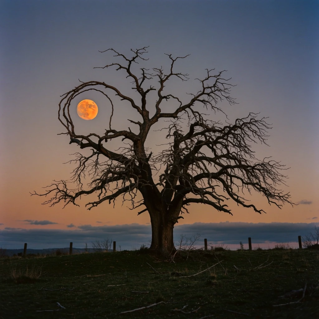 A large, gnarled, leafless tree stands in silhouette against a twilight sky, its branches framing a vibrant orange moon. The tree is positioned centrally, featuring a thick, dark trunk and a complex network of twisted, spindly branches that reach upward and outward. On the upper left side, a set of thin, curved branches forms a circular cradle that perfectly encompasses a large, glowing orange moon with visible surface textures. The foreground is a dark, grassy hill with scattered dry twigs and low-lying vegetation. Beyond the tree, a low fence line with several dark posts is visible. The sky displays a smooth gradient, transitioning from a deep indigo at the top to shades of pale orange and muted pink near the horizon. A thin layer of dark, horizontal clouds sits just above the horizon. The entire scene is captured from a straight-on perspective at ground level, emphasizing the intricate silhouette of the bare branches against the soft glow of the evening sky and the bright light of the moon.