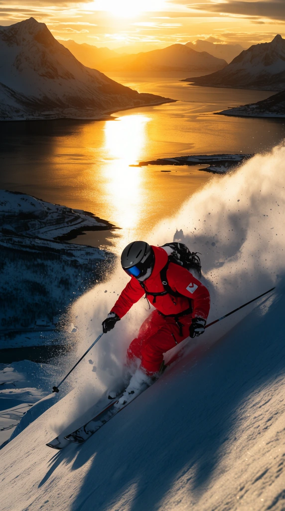 A skier in a bright red snowsuit carves down a steep, shadowed mountain slope, kicking up a massive plume of powder. Below, a vast coastal fjord reflects a vibrant golden sunset against distant peaks. Dynamic extreme sports photography featuring high contrast.