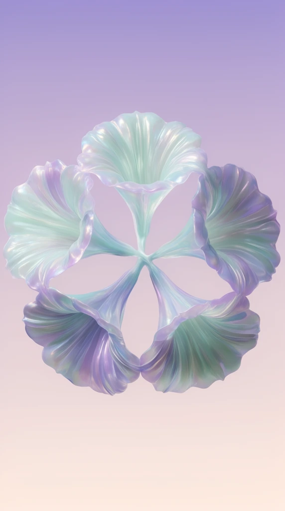 A radially symmetrical abstract 3D form of five connected trumpet-like flowers. The translucent, pleated surfaces exhibit a pearlescent iridescent sheen in pastel mint, purple, and blue, floating against a seamless lavender to pale peach gradient under soft ethereal lighting.