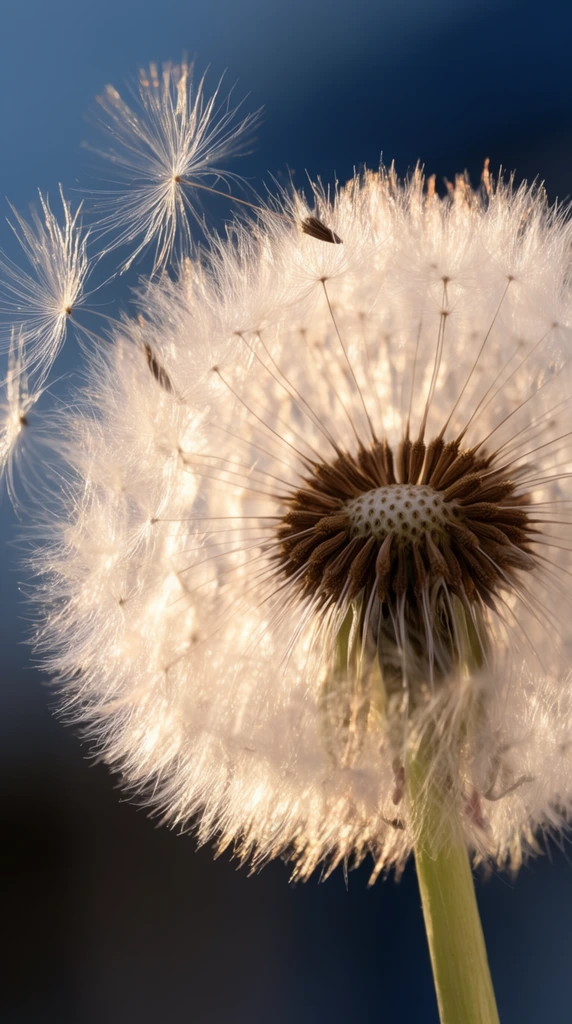 A macro photograph captures a dandelion seed head backlit by warm golden sunlight, with a few delicate seeds drifting toward the upper left. The textured, brown central receptacle anchors a spherical cloud of wispy white filaments and tiny dark brown seeds, supported by a pale green stem. The glowing white fluff contrasts sharply against a smooth, out-of-focus deep blue and dark gray background, emphasizing the intricate textures, ethereal lighting, and shallow depth of field.
