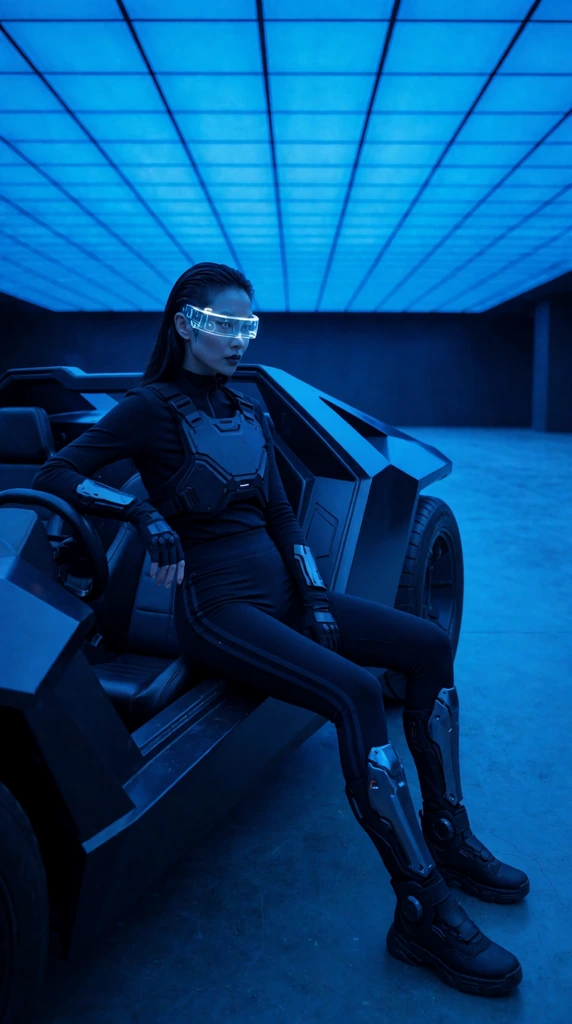 woman in futuristic black tactical attire sitting casually on an angular dark grey open-cockpit vehicle, intense monochromatic blue ambient lighting, wearing a translucent cybernetic visor, long slicked-back dark hair, black protective chest rig, black leggings with side stripes, high-tech boots with metallic shin armor, sprawling empty industrial room, massive glowing blue grid ceiling, cinematic cyberpunk aesthetic, sharp focus, low angle