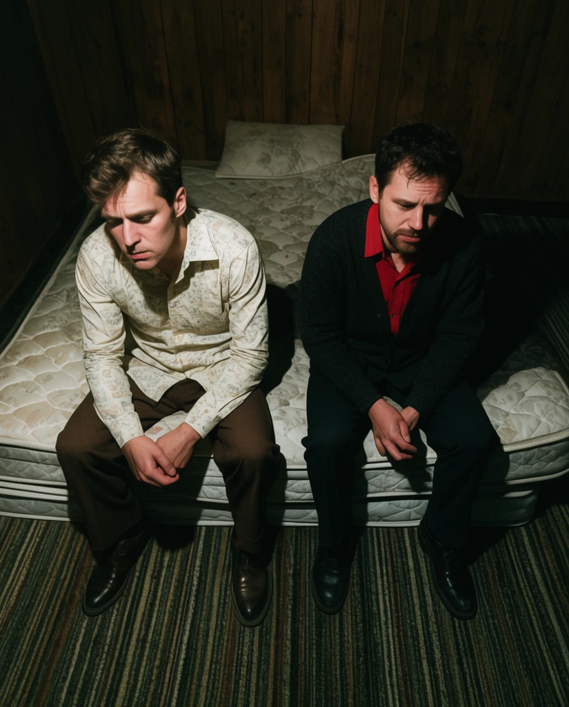 Two men sit on bare, stacked mattresses in a dim, wood-paneled room, captured from a high angle. The left man wears a pale patterned shirt and brown trousers. The right man sports a dark cardigan over a red shirt. Both gaze downward with somber expressions. Harsh overhead flash lighting casts deep shadows across the striped carpet, creating a gritty, high-contrast aesthetic.