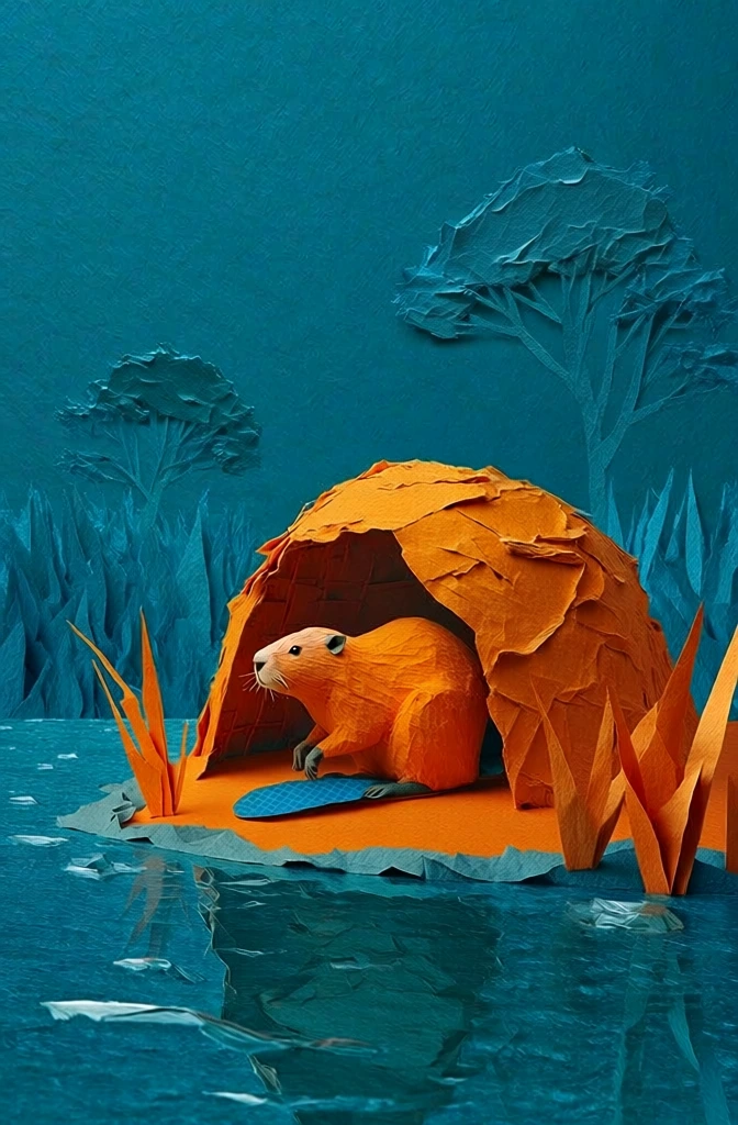 a single beaver in saturated orange papercraft texture sits inside a domed lodge of crinkled woven ochre grasses and impasto mud, situated on the edge of a flat teal body of water, tall sharp-edged paper grasses, background trees in minimalist silhouette, clear glassy reflections, tactile relief aesthetic, heavy matte impasto texture, vibrant complementary orange and cerulean palette, clean profile composition, sculptural paper cut-out style, soft studio lighting.