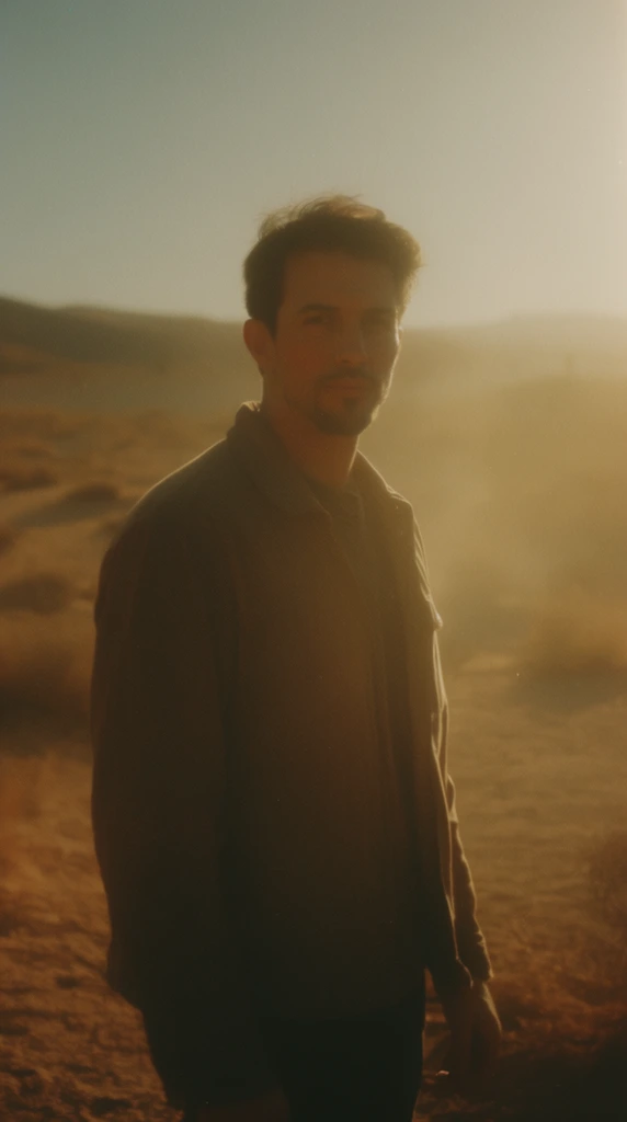 A man stands in an arid desert landscape bathed in intensely warm, directional golden-hour sunlight. The scene is enveloped in a thick, cinematic volumetric haze that diffuses the bright light into a soft, glowing atmosphere. Shot with a medium depth of field, the man is rendered in sharp focus while the sweeping desert background gracefully blurs into a hazy, sun-drenched expanse. The color grading features a vintage analog film aesthetic, dominated by muted earth tones, rich ochres, warm sepia browns, and deep golden yellows. Subtle halation bleeds around the areas of strongest illumination, paired with a distinct, tactile fine film grain visible throughout the frame. The strong directional lighting creates a dramatic, soft-edged chiaroscuro effect, casting deep, warm shadows that enhance the quiet, atmospheric, and highly cinematic mood of the composition.