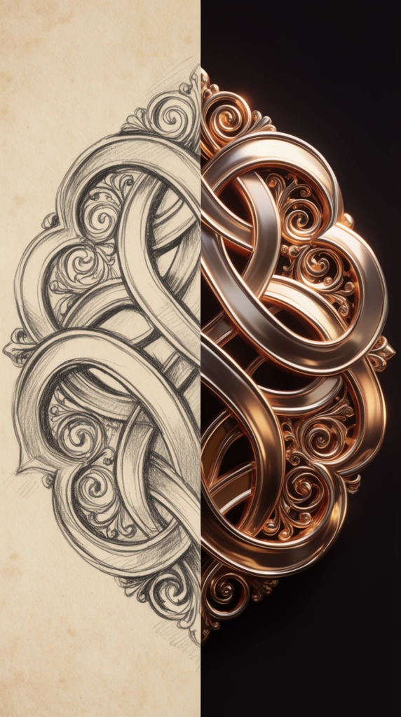 split-screen comparison, angled graphite sketch of interlocking curves on parchment left, dimensional polished bronze and gold metallic rendering of the identical ornate crest on dark background right, overlapping metallic ribbons, circular filigree, specular lighting