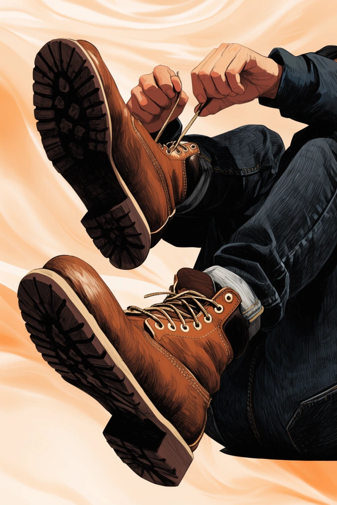 A person lies backward with legs raised toward the viewer, showcasing heavy brown leather work boots and dark denim jeans. Hands reach up to adjust the light-colored boot laces. A dramatic low-angle perspective emphasizes the textured dark soles and detailed leather uppers. The composition features a bold, high-contrast illustration style with intricate cross-hatching on the clothing, contrasting against a soft, flowing abstract background resembling rippling pale orange and beige silk.