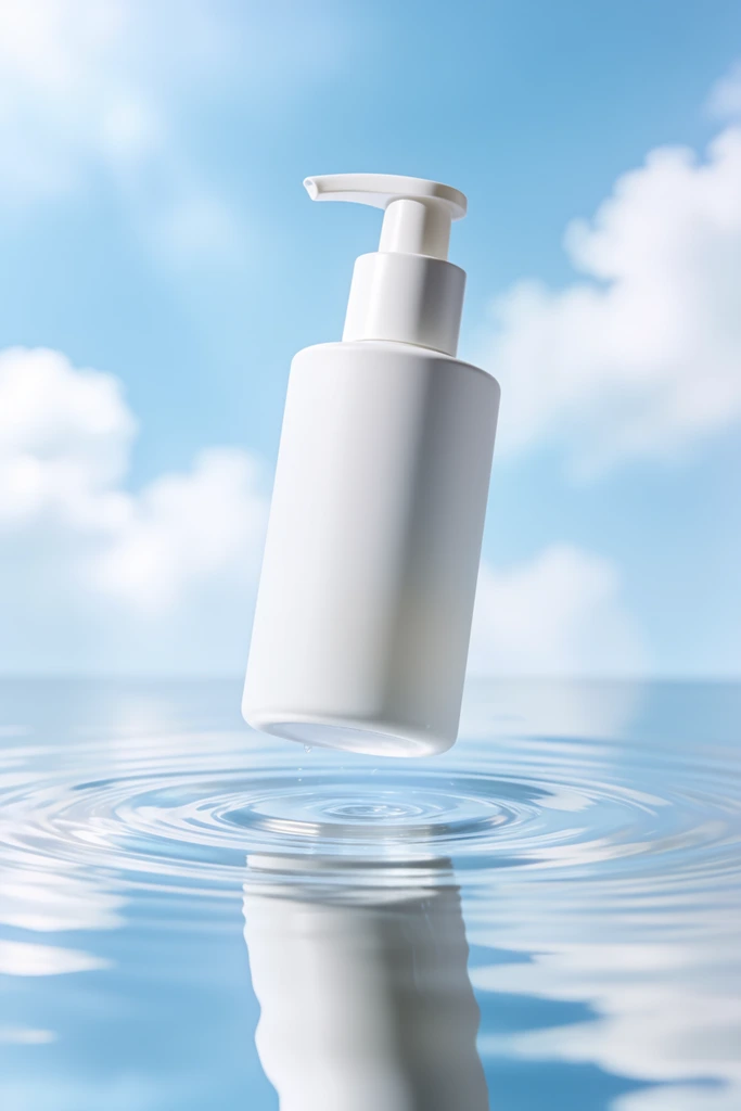 matte white cylindrical pump bottle hovering above rippling water, crisp reflection, bright blue sky with soft white clouds, clean minimalist product photography, airy ethereal lighting, serene vibe